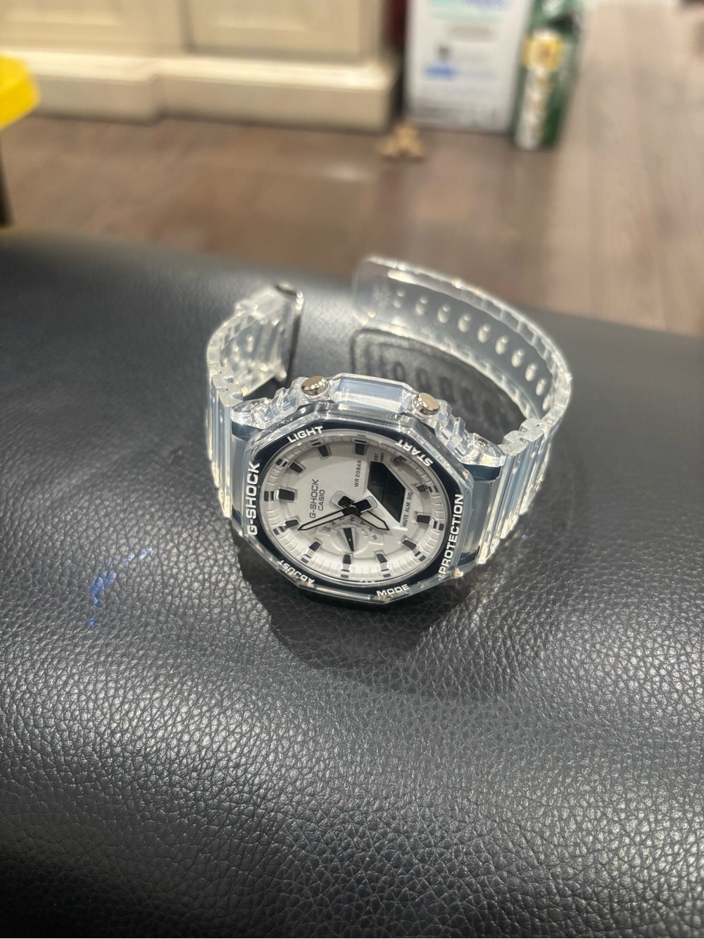 G-Shock Clear Resin Case Watch with White Dial and Black Bezel